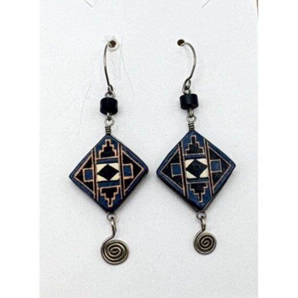Vintage Aztec Dangle Earrings Geometric Tribal-Inspired Silver Tone Spiral - Picture 6 of 6
